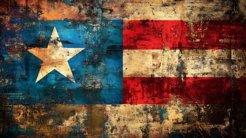 Distressed abstract flag with star and red horizontal stripes.