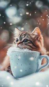 Tabby Kitten in Blue Mug with Snowflake Bokeh Environment Rendering