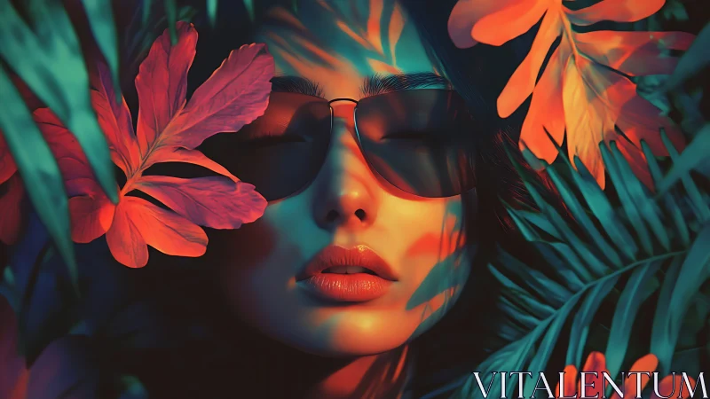 Neon-lit female portrait with sunglasses amid tropical foliage
