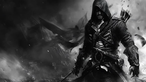 Hooded rogue strides through war-torn ash and tattered flags.