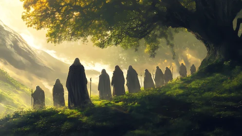 Cloaked wanderers crossing a sunlit, enchanted valley.