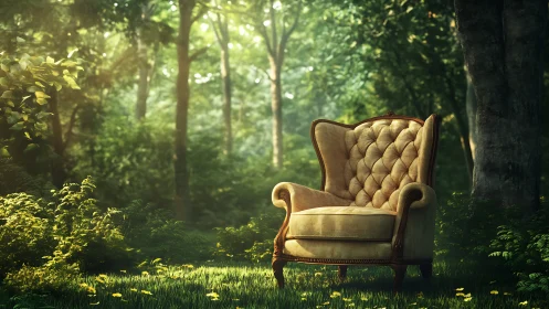 Ornate wingback chair positioned in sunlit forest clearing