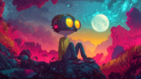 Surreal neon moonwatcher illustration with chromatic depth.