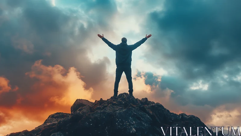 Silhouetted climber celebrates atop rocky peak at sunrise.