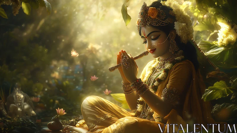 Divine figure in golden attire playing flute in forest.