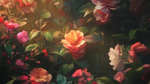 Garden composition with layered floral arrangement and atmospheric lighting.