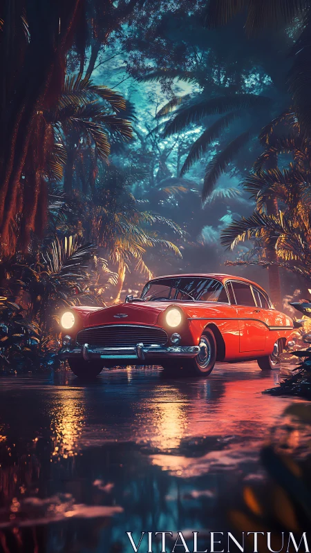 Red vintage sedan parked on wet jungle roadway at dusk.