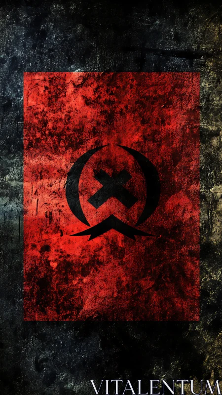 Textured red emblem banner with distressed grunge treatment.