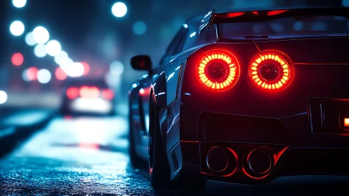 Midnight sports coupe with neon bokeh and vivid taillights.