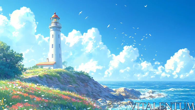 Sunny coastal lighthouse above rocky shore and flowers.
