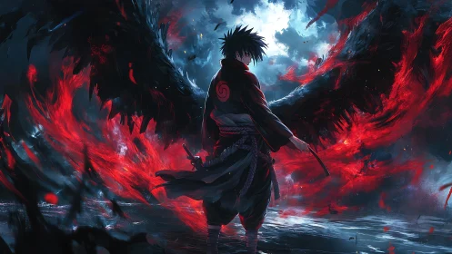 Storm-lit warrior unfolds blazing red wings of power