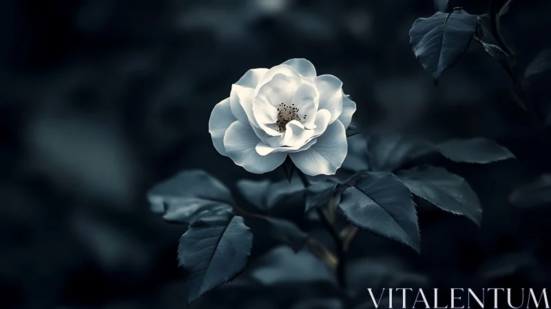 White Rose Against Dark Foliage.