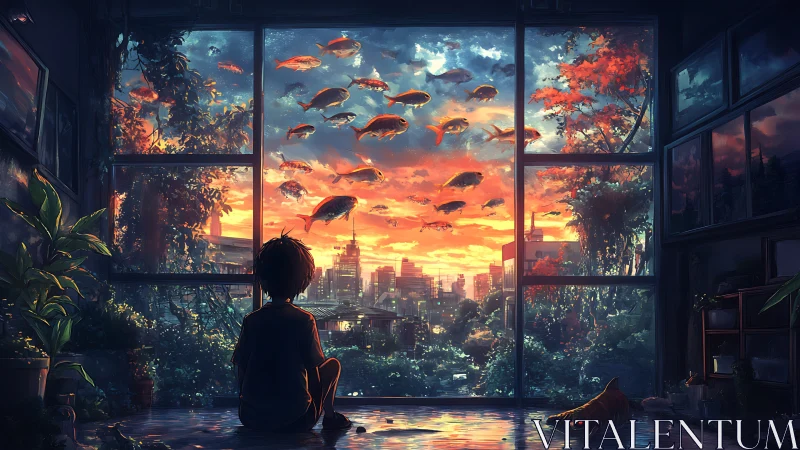 Dreamy evening window where a child watches floating fish.