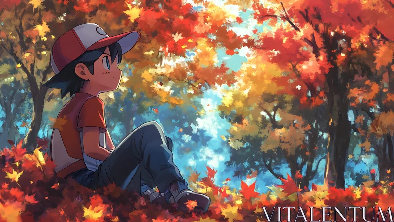 Anime boy resting in vivid autumn forest under glowing canopy