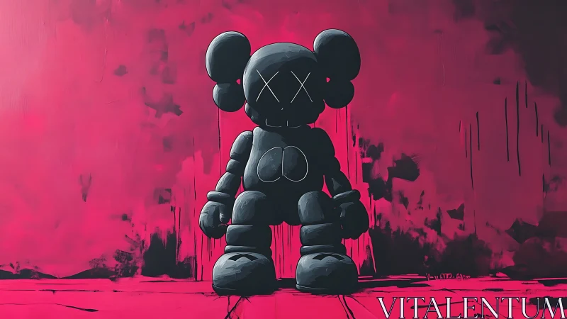 Dark cartoon figure against intense pink background.