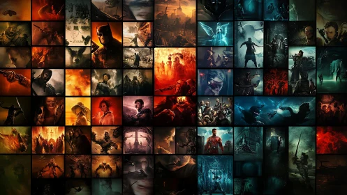 Grid of cinematic fantasy and sci fi character scenes montage.