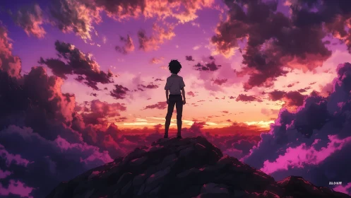 Silhouetted figure on rocky peak under vivid sunset sky.