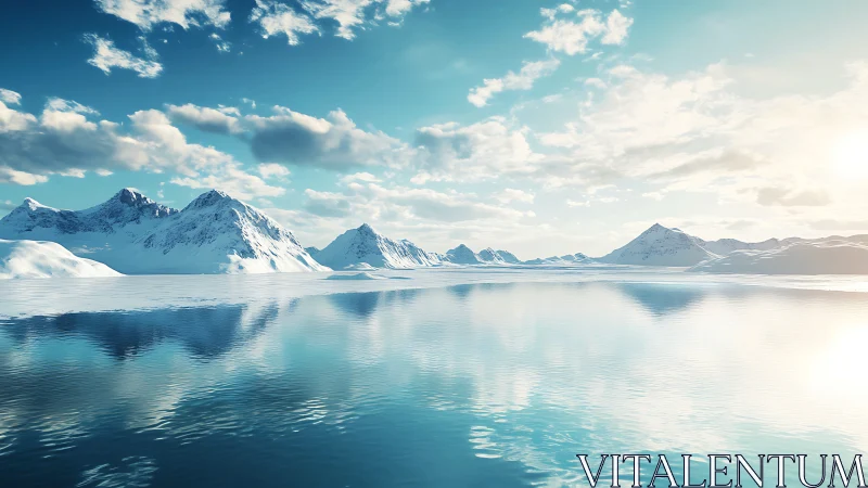 Glacial peaks mirrored on tranquil polar sunrise waters.