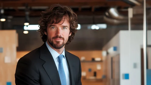 Confident young professional stands poised in modern office.