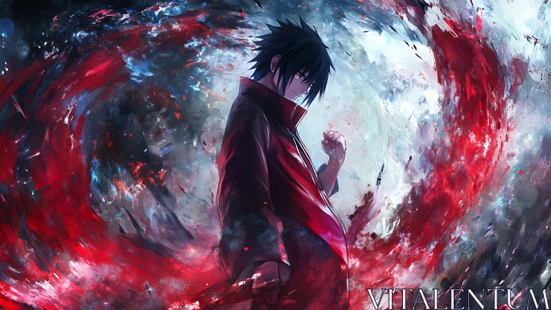 Brooding anime warrior amid swirling crimson vortex storm.