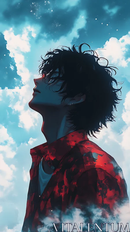 Young man in red shirt gazing upward against sky backdrop.