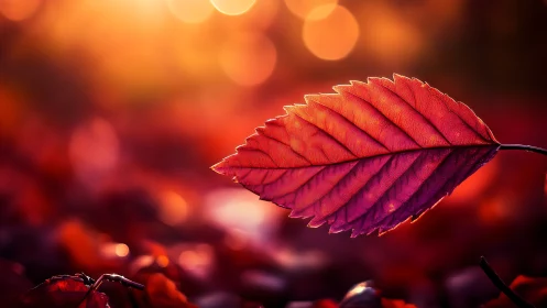 Crimson autumn leaf glowing against golden bokeh sunset.