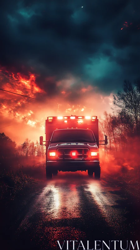 Emergency vehicle navigating through fire-affected landscape at dusk.