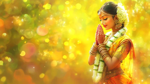 Indian woman in traditional dress praying against golden light