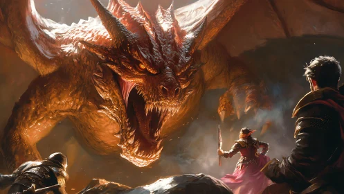 Epic confrontation with fire dragon amid blazing cavern.