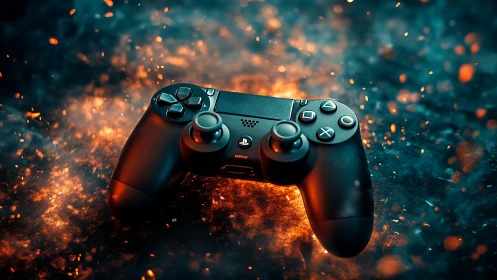 Gaming controller glows amid fiery sparks and cool smoke.