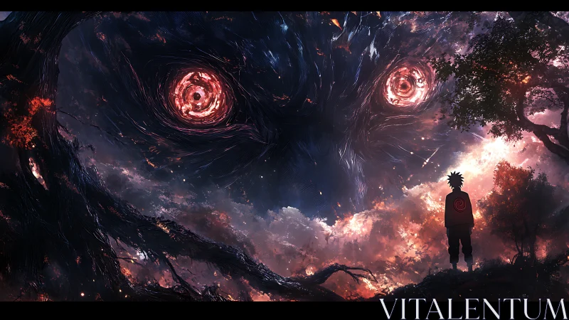 Solitary figure facing colossal swirling cosmic entity.