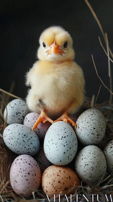 Macro-rendered hatchling atop speckled eggs in nest environment.