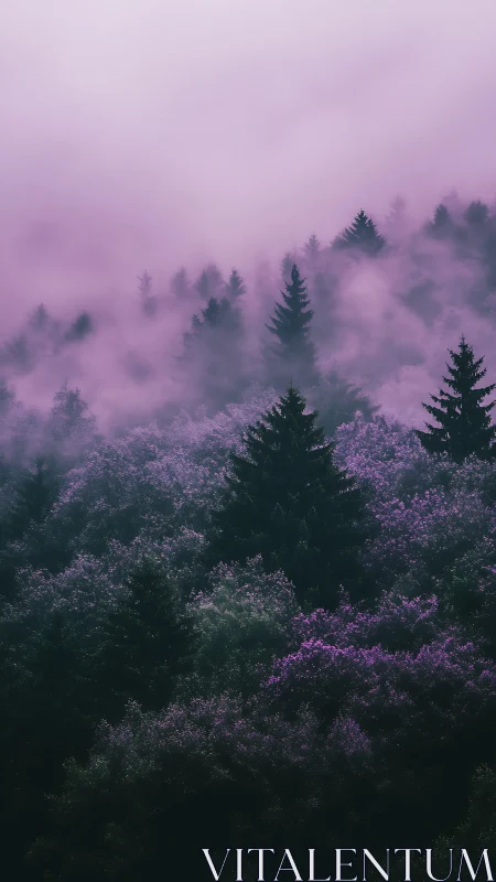 Misty Alpine Landscape with Coniferous Forest Canopy. Ethereal Atmospheric Perspective.