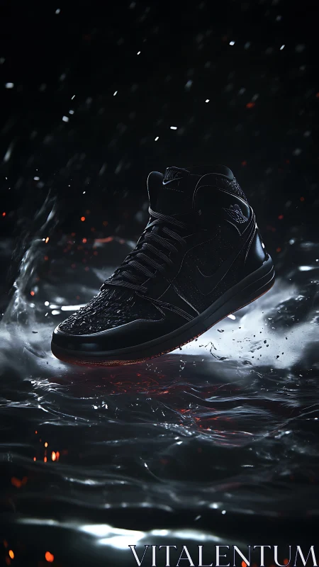 Midnight sneaker hovering above molten water sparks.