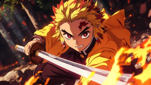 Flame swordsman lunges forward with blazing katana arc.