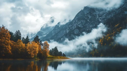 Autumnal lakeside forest reflects beneath misted alpine peaks