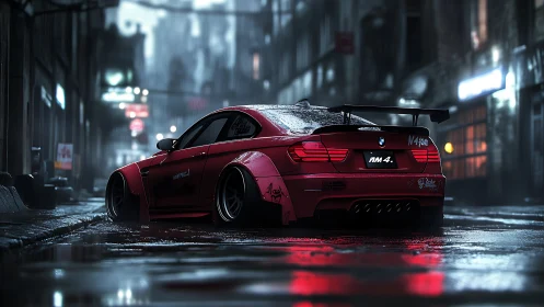 Midnight red street racer cools in the rainy neon city