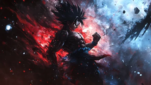 Electrified anime warrior in red-blue energy vortex contrast