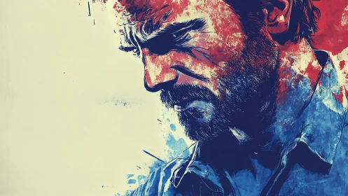 Brooding male portrait in bold tricolor ink wash style.