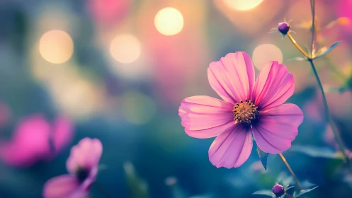 Pink cosmos flower with blurred bokeh background and garden depth