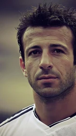 Close frontal portrait of male athlete in white jersey