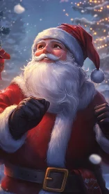 Joyful Santa Claus gazes upward amid softly falling snow.