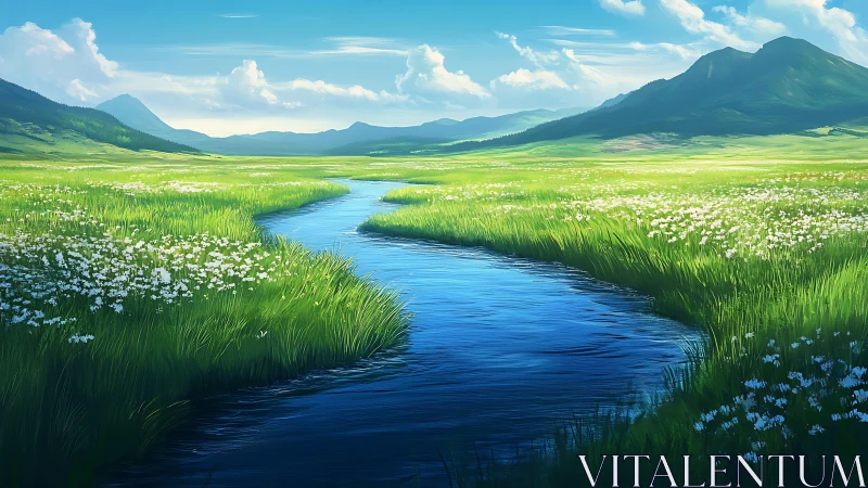 Sunlit river winds through wildflower meadows and blue hills.