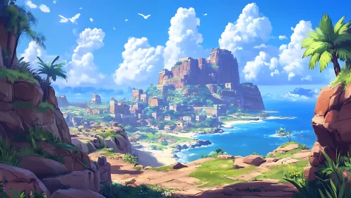Tropical Fortress Settlement Overlooking Azure Waters.