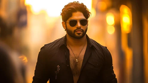 Man in black shirt walking in sunlit urban street scene.
