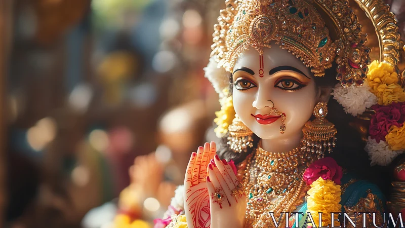 Hindu goddess statue in ornate gold jewelry and flowers.