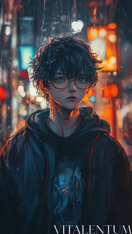 Neon rain hums softly around the glassy‑eyed night wanderer