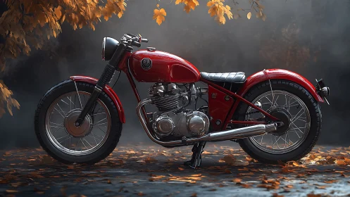 Vintage red motorcycle stands on leaf-covered ground outdoors