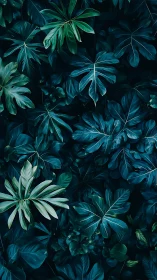 Dense overhead view of dark green tropical foliage wall.