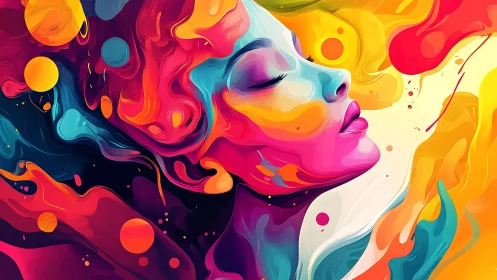 Chromatic female portrait dissolves into fluid abstract color fields